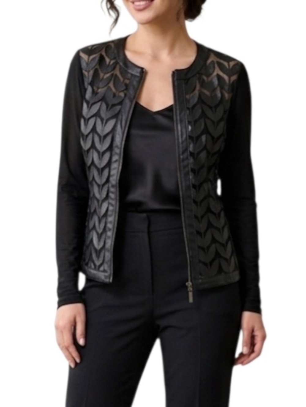 Carmin Black Leaf-Panel Faux Leather Zip Jacket Size Large